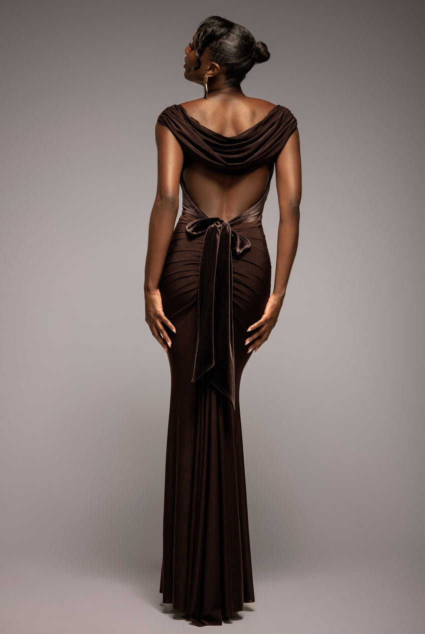 Goddiva Open Back Cowl Neck Gathered Maxi Dress With Velvet Tie Back