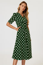 Polka Dot Print Button Front Midi Dress In Green by FS Collection - FS884