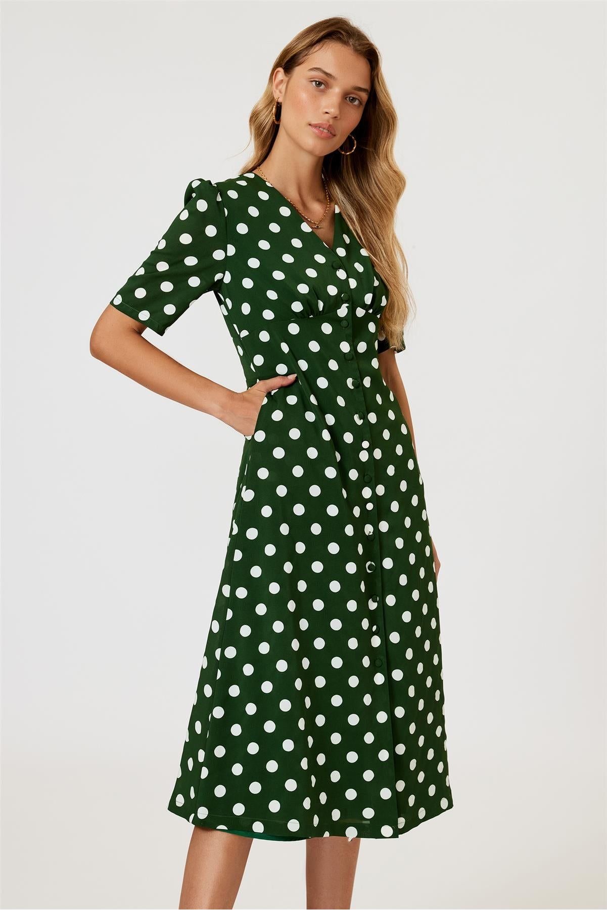 Polka Dot Print Button Front Midi Dress In Green by FS Collection - FS884