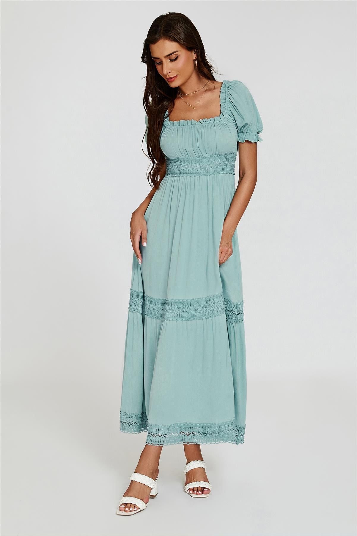 Lace Detail Bardot Maxi Dress In Blue by FS Collection - FS829 BLC