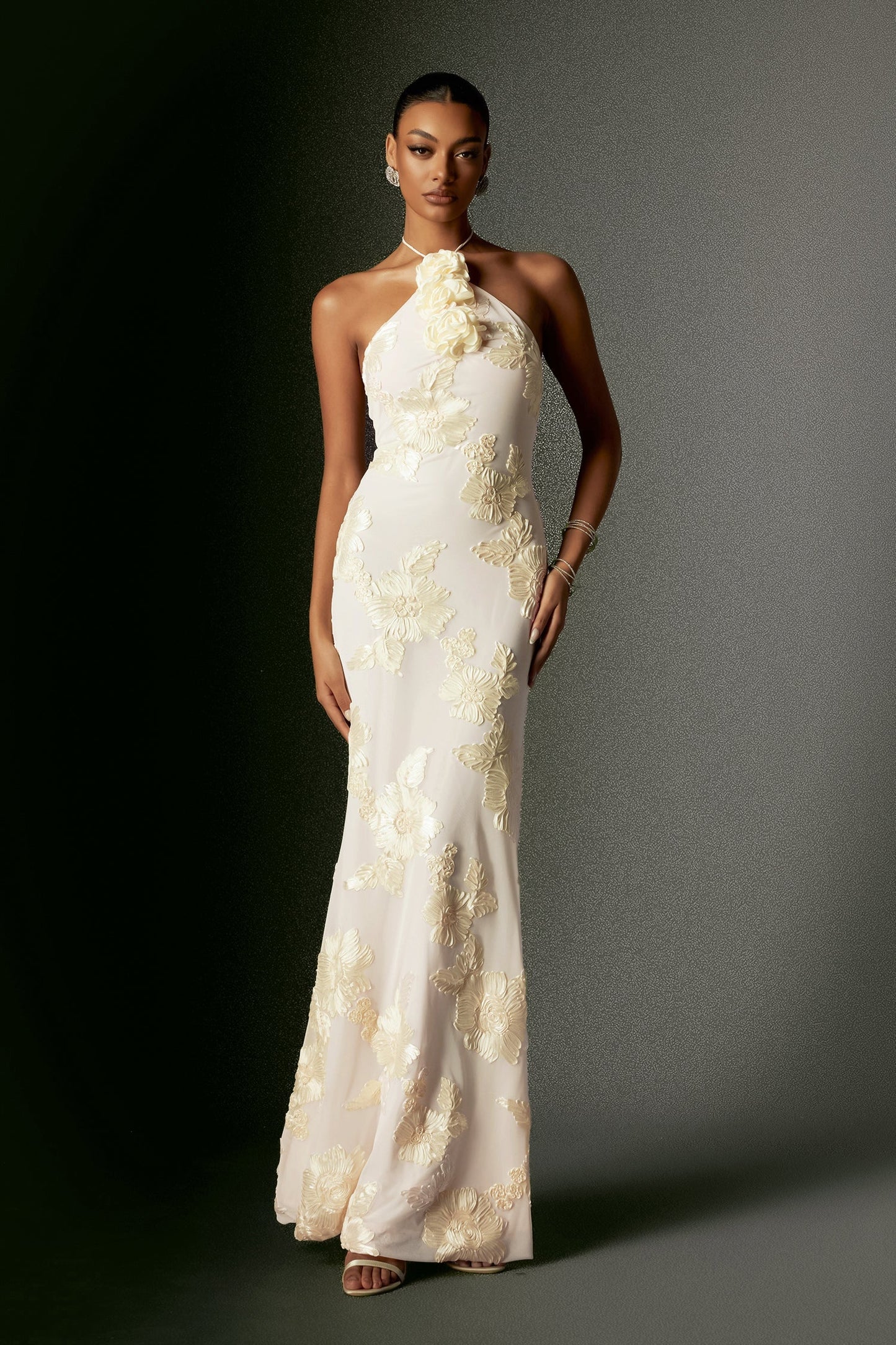 Griselda Flower Halter Embroidery Maxi Dress - White by Bella Barnett - D240801140