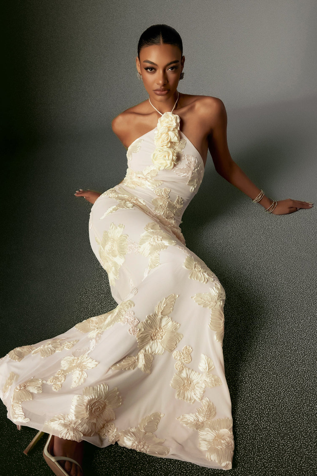 Griselda Flower Halter Embroidery Maxi Dress - White by Bella Barnett - D240801140