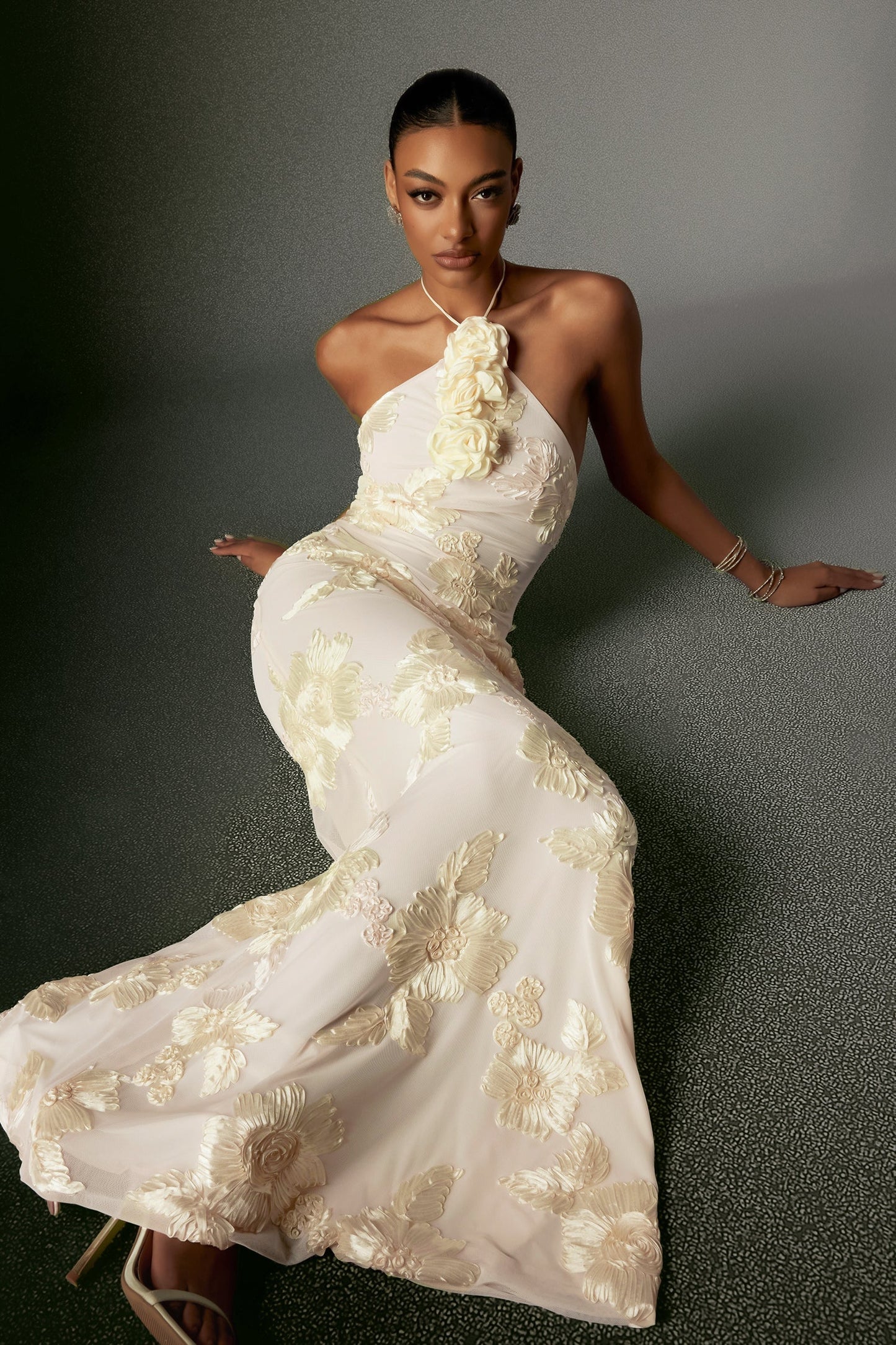 Griselda Flower Halter Embroidery Maxi Dress - White by Bella Barnett - D240801140