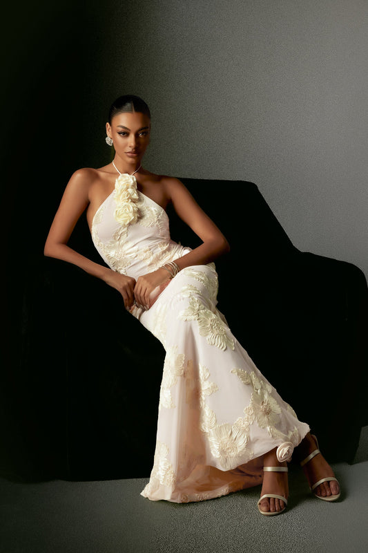Griselda Flower Halter Embroidery Maxi Dress - White by Bella Barnett - D240801140