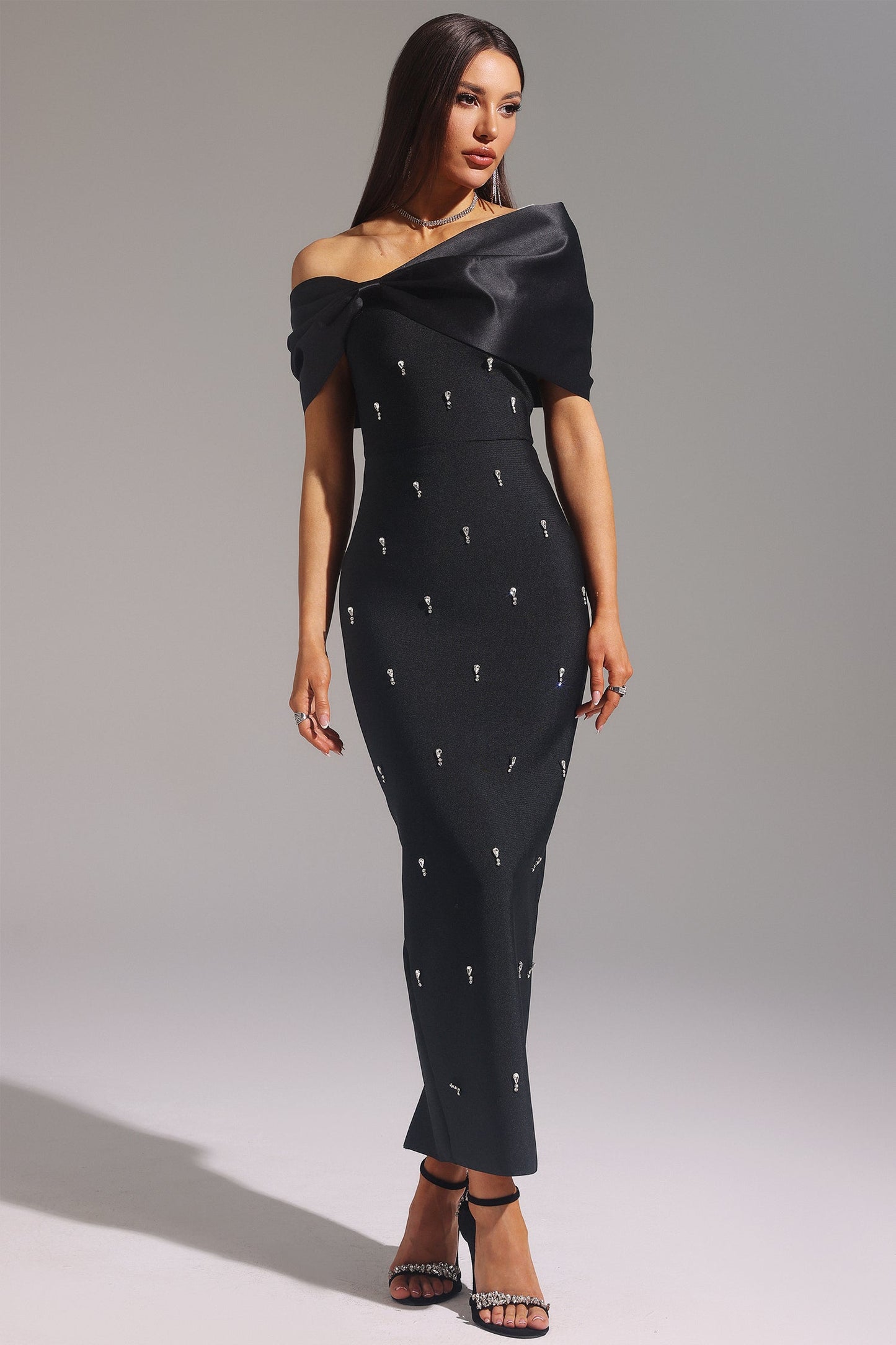 Palez Sleeveless One Shoulder Diamond Bow Bandage Maxi Dress by Bella Barnett - D250101317