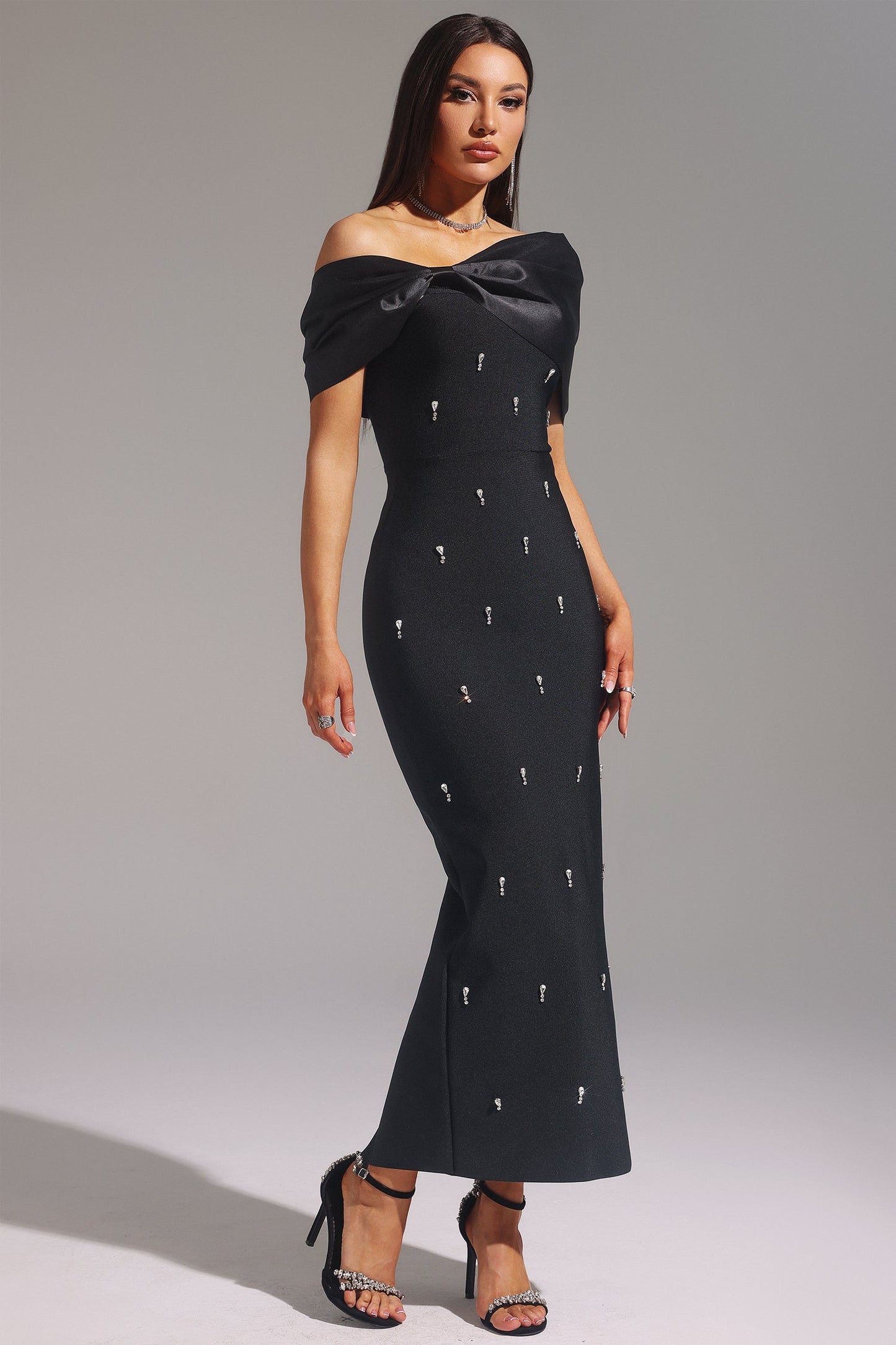 Palez Sleeveless One Shoulder Diamond Bow Bandage Maxi Dress by Bella Barnett - D250101317