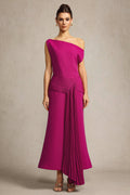Paulina Oblique Shoulder Sleeveless Folds RosePink Midi Dress by Bella Barnett - C250300341