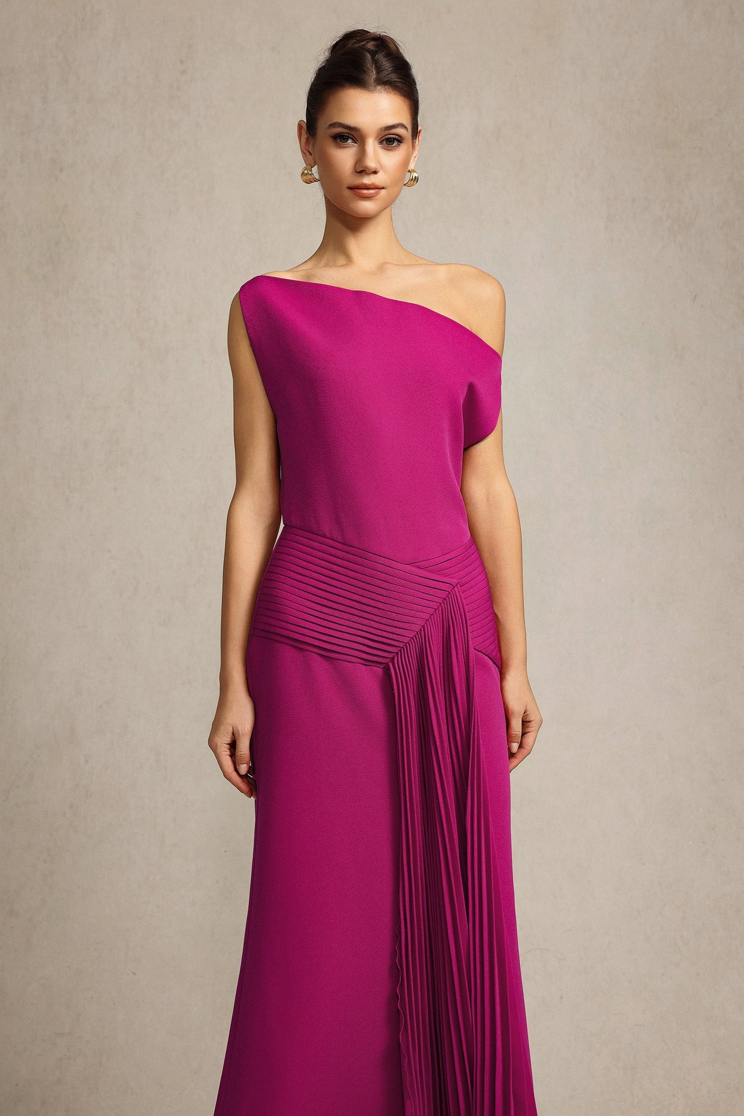Paulina Oblique Shoulder Sleeveless Folds RosePink Midi Dress by Bella Barnett - C250300341