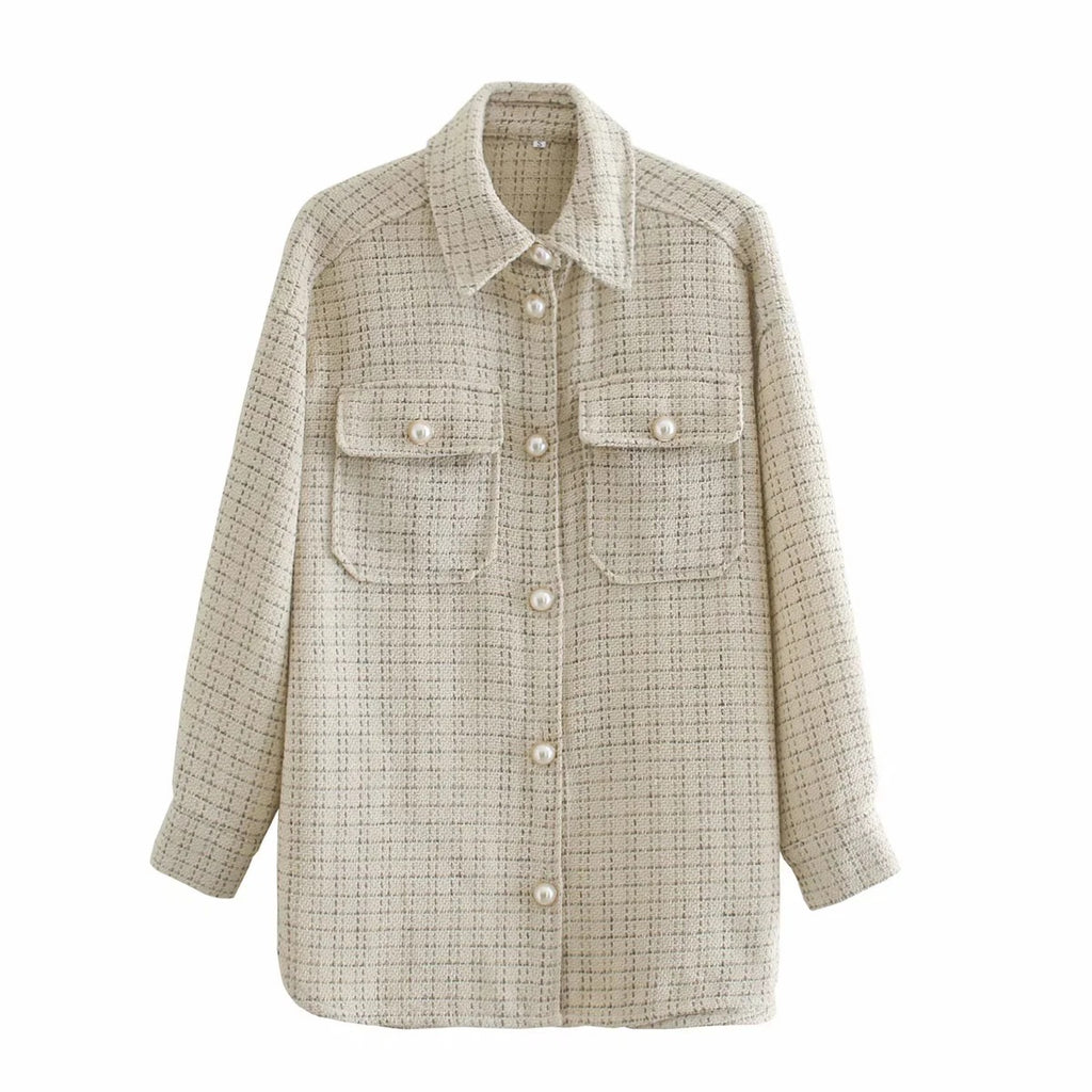 Women Plaid Pearl Buttons Pattern Thick Coat