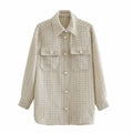 Women Plaid Pearl Buttons Pattern Thick Coat