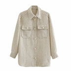 Women Plaid Pearl Buttons Pattern Thick Coat