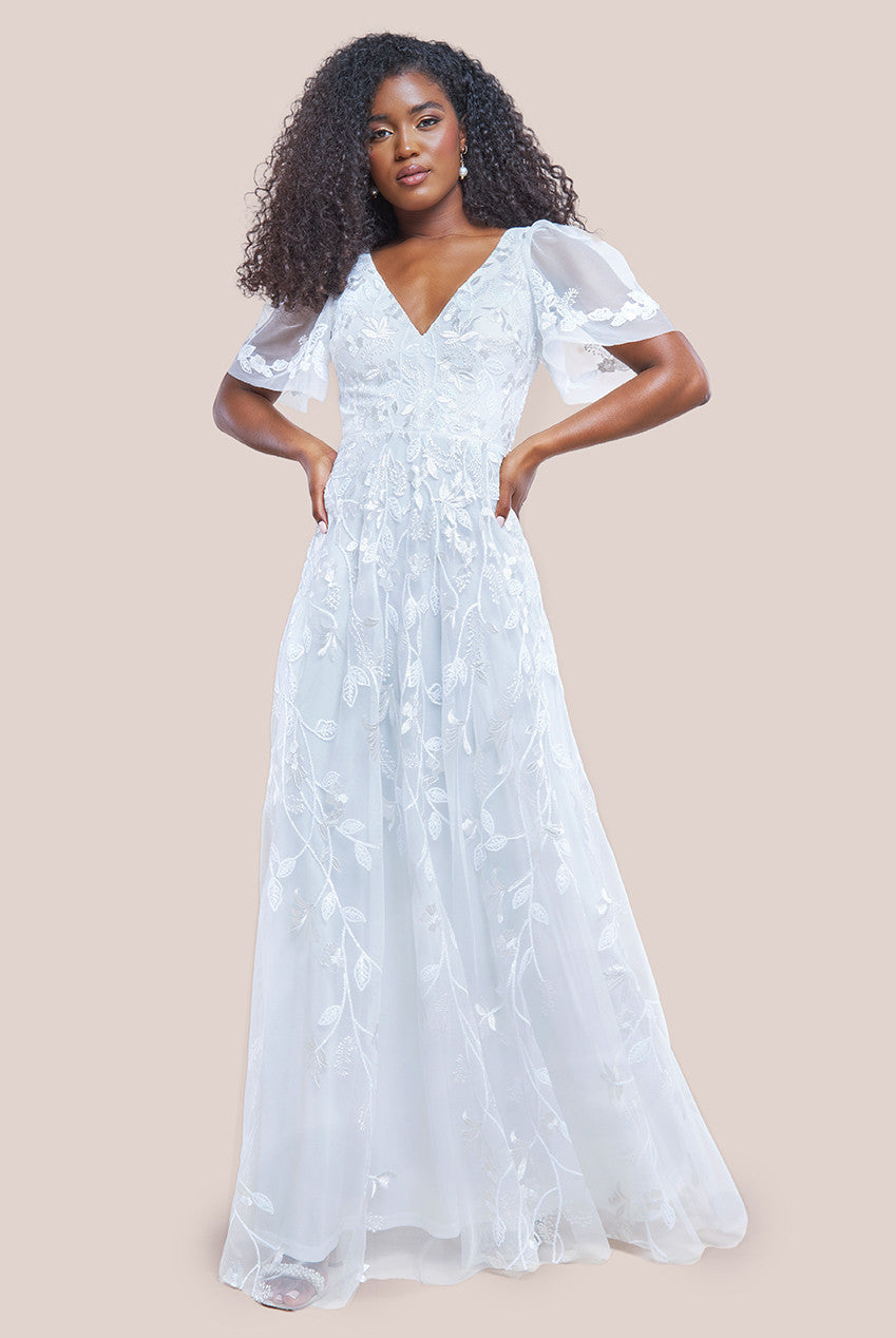 Goddiva Flared Sleeve Embroidered Maxi Dress