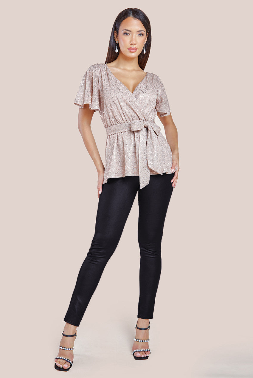 Goddiva Lurex Flutter Sleeve Wrap Top