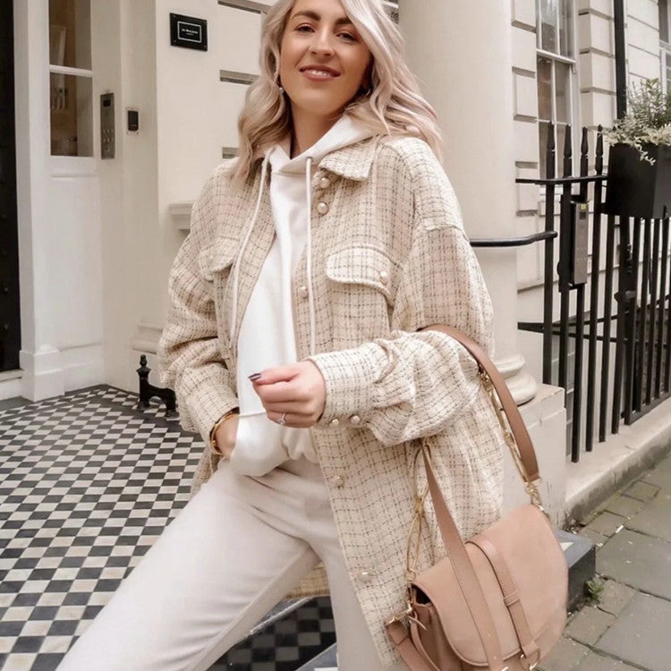 Women Plaid Pearl Buttons Pattern Thick Coat