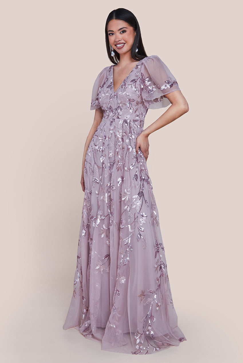 Goddiva Flared Sleeve Embroidered Maxi Dress