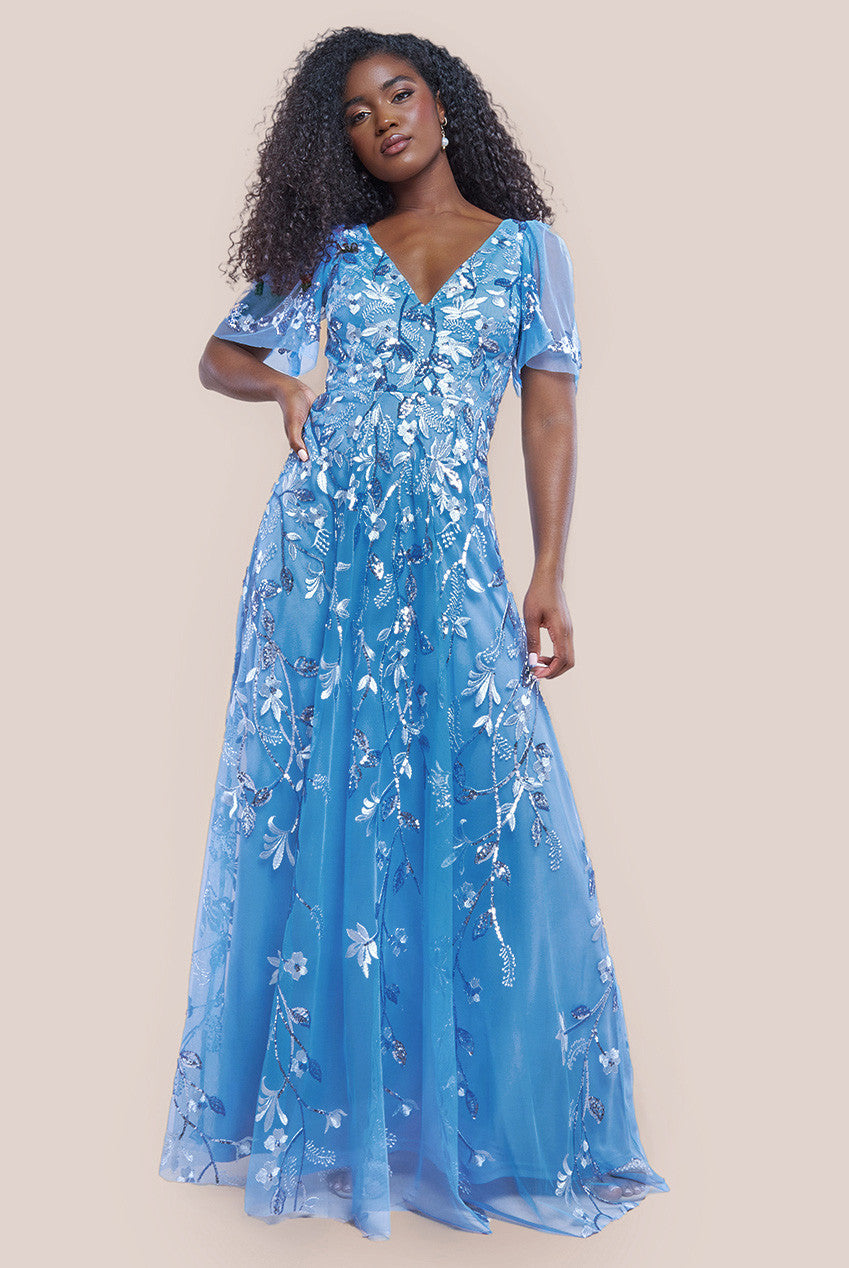 Goddiva Flared Sleeve Embroidered Maxi Dress
