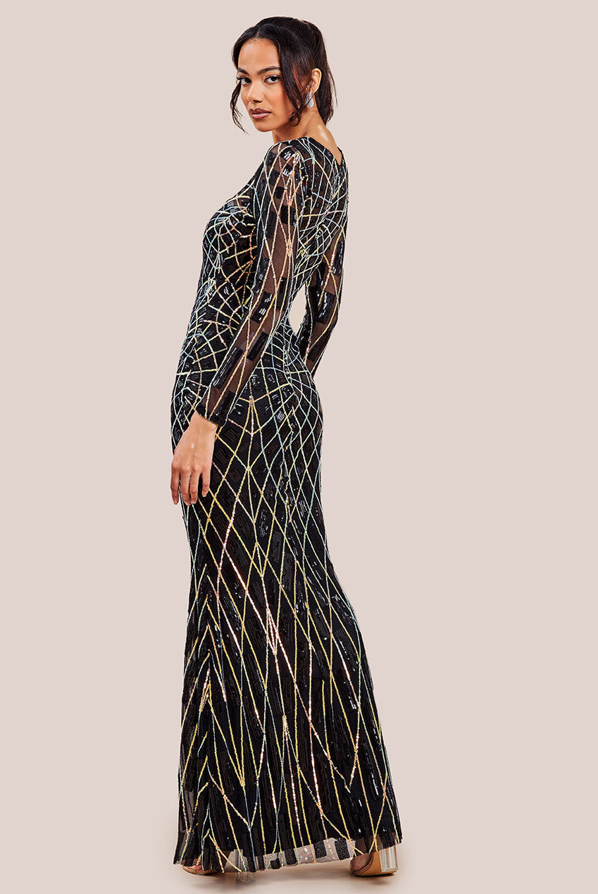 Goddiva Geo Patterned Sequin Long Sleeve Maxi Dress