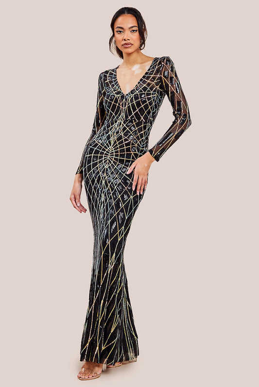 Goddiva Geo Patterned Sequin Long Sleeve Maxi Dress