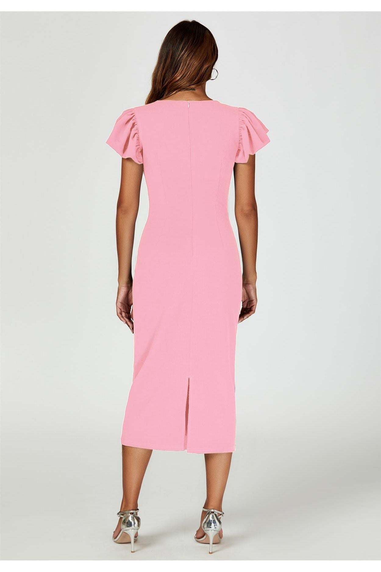 Volume Sleeve Bodycon Midi Dress In Pink by FS Collection - FS770