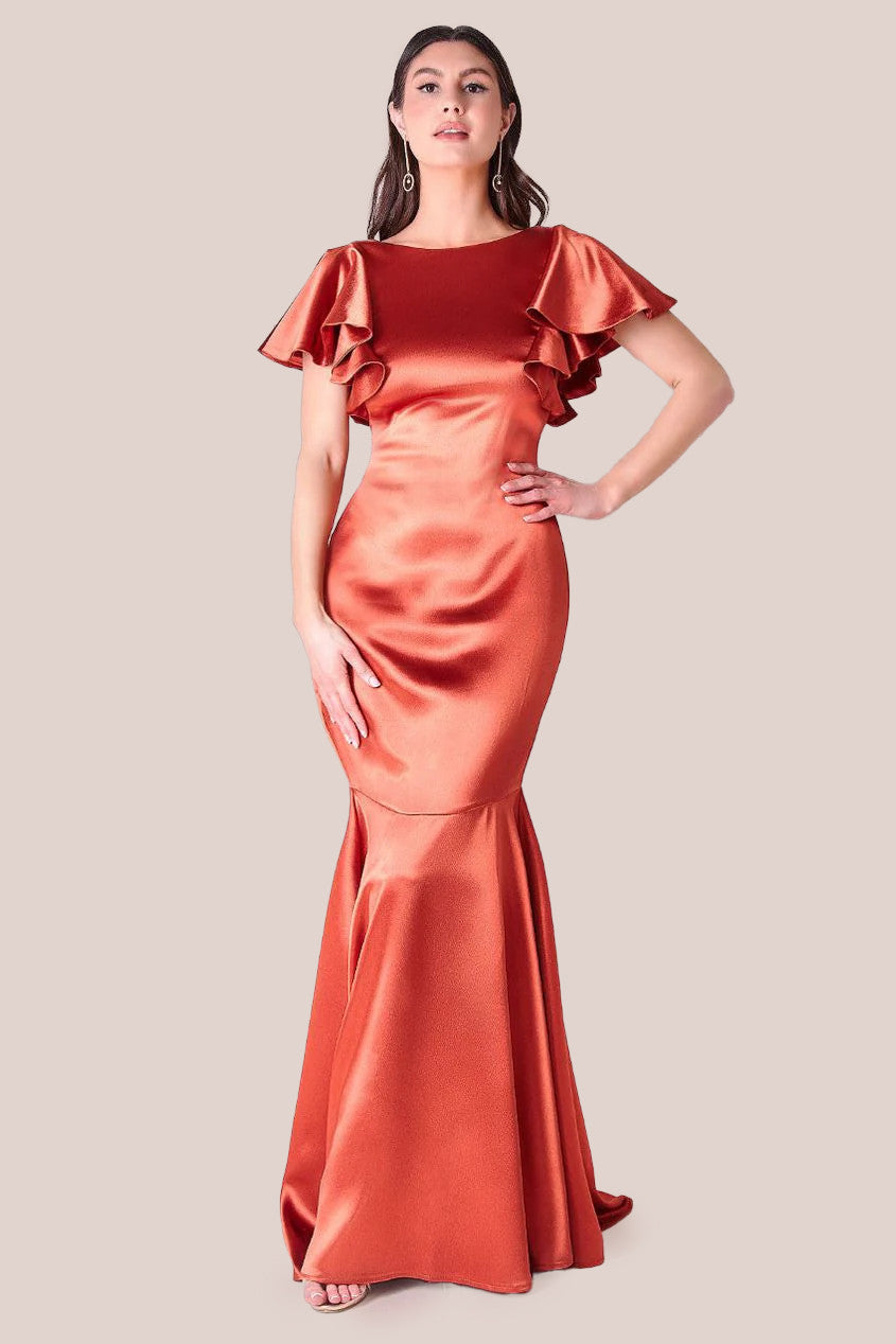 Goddiva Satin Flutter Sleeve Mermaid Maxi Dress