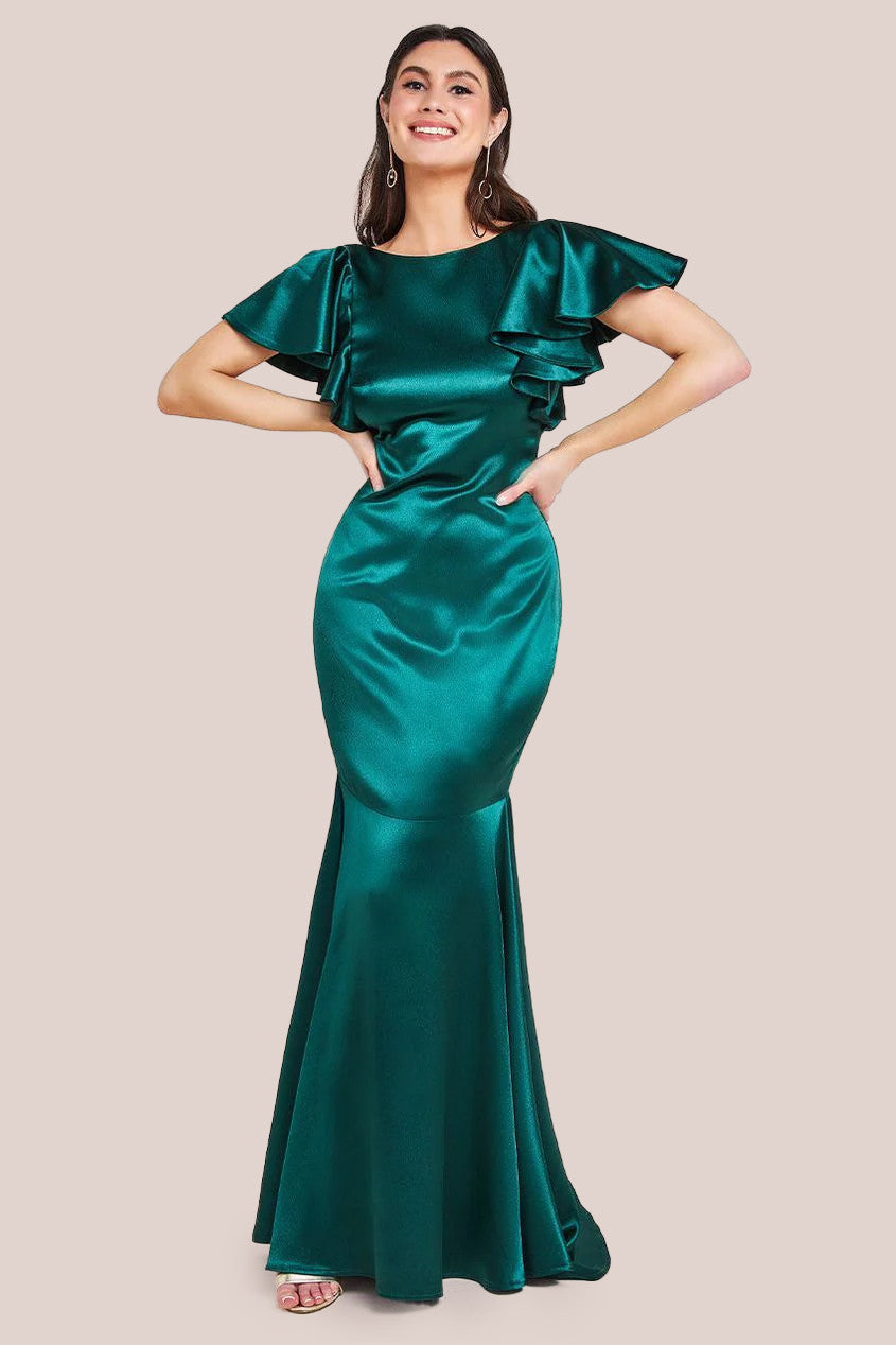 Goddiva Satin Flutter Sleeve Mermaid Maxi Dress