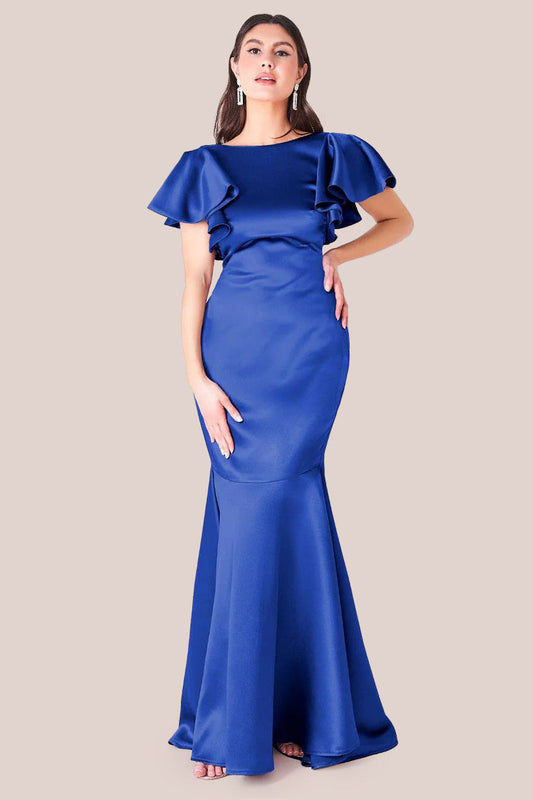 Goddiva Satin Flutter Sleeve Mermaid Maxi Dress