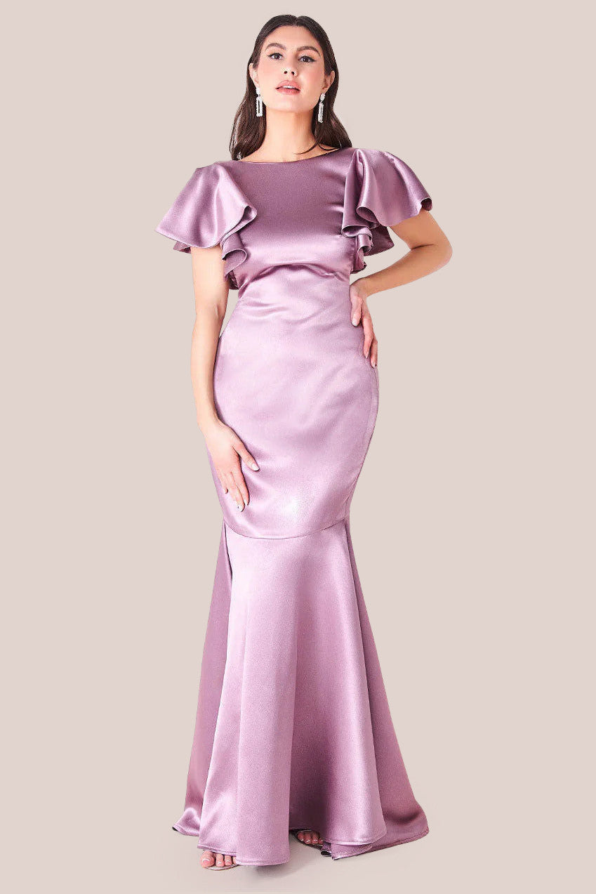 Goddiva Satin Flutter Sleeve Mermaid Maxi Dress