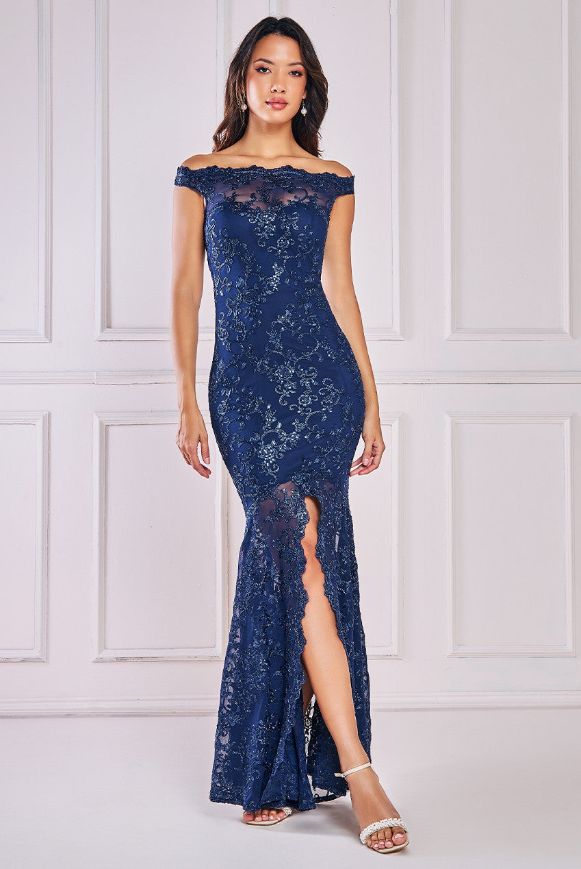 Goddiva Lace Scallop Edge Mermaid Maxi Dress