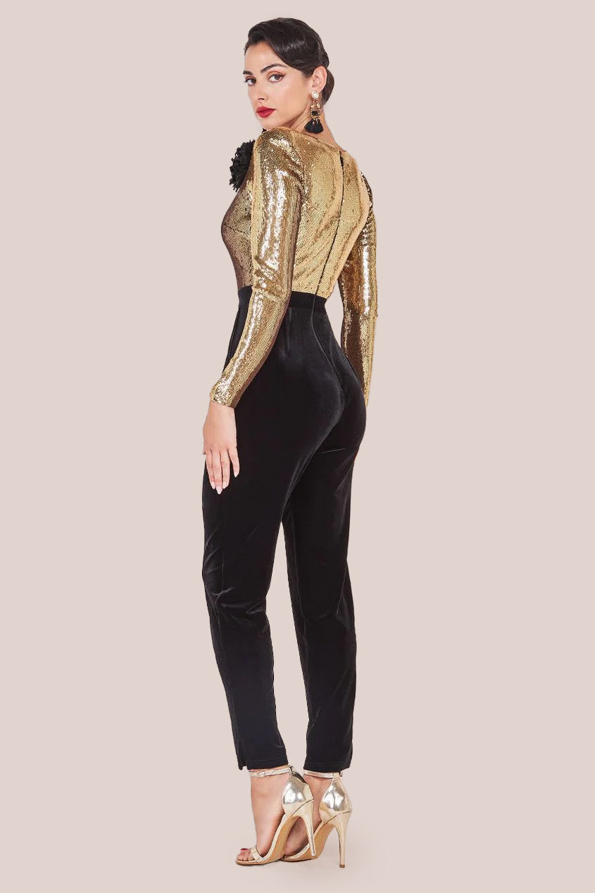 Goddiva Liquid Sequin Jumpsuit With Corsage