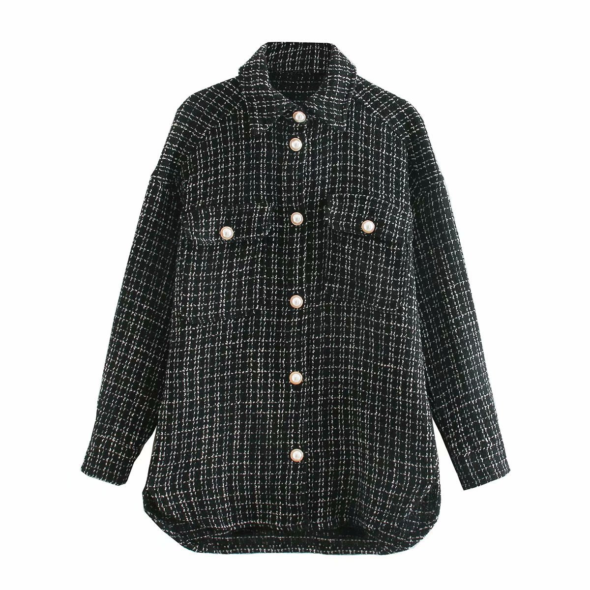 Women Plaid Pearl Buttons Pattern Thick Coat