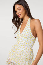 Lemon Printed Lace Halter Neck Mini Dress With Shorts by Pink Vanilla - SS26165P178