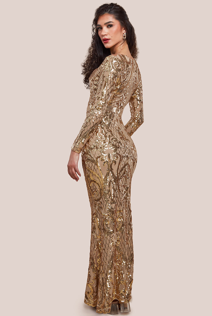 Goddiva Sequin Square Neck Maxi With Scallop Hem