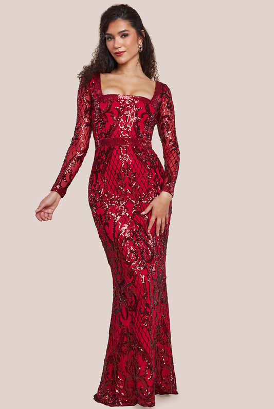 Goddiva Sequin Square Neck Maxi With Scallop Hem