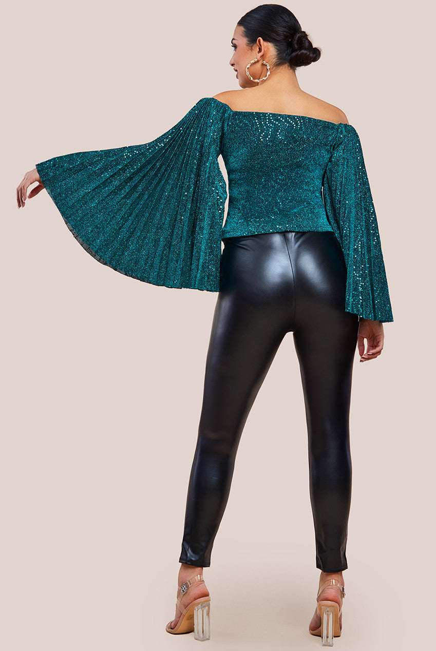 Goddiva Patterned Sequin Lurex Off Shoulder Pleated Flare Sleeve Top