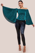 Goddiva Patterned Sequin Lurex Off Shoulder Pleated Flare Sleeve Top