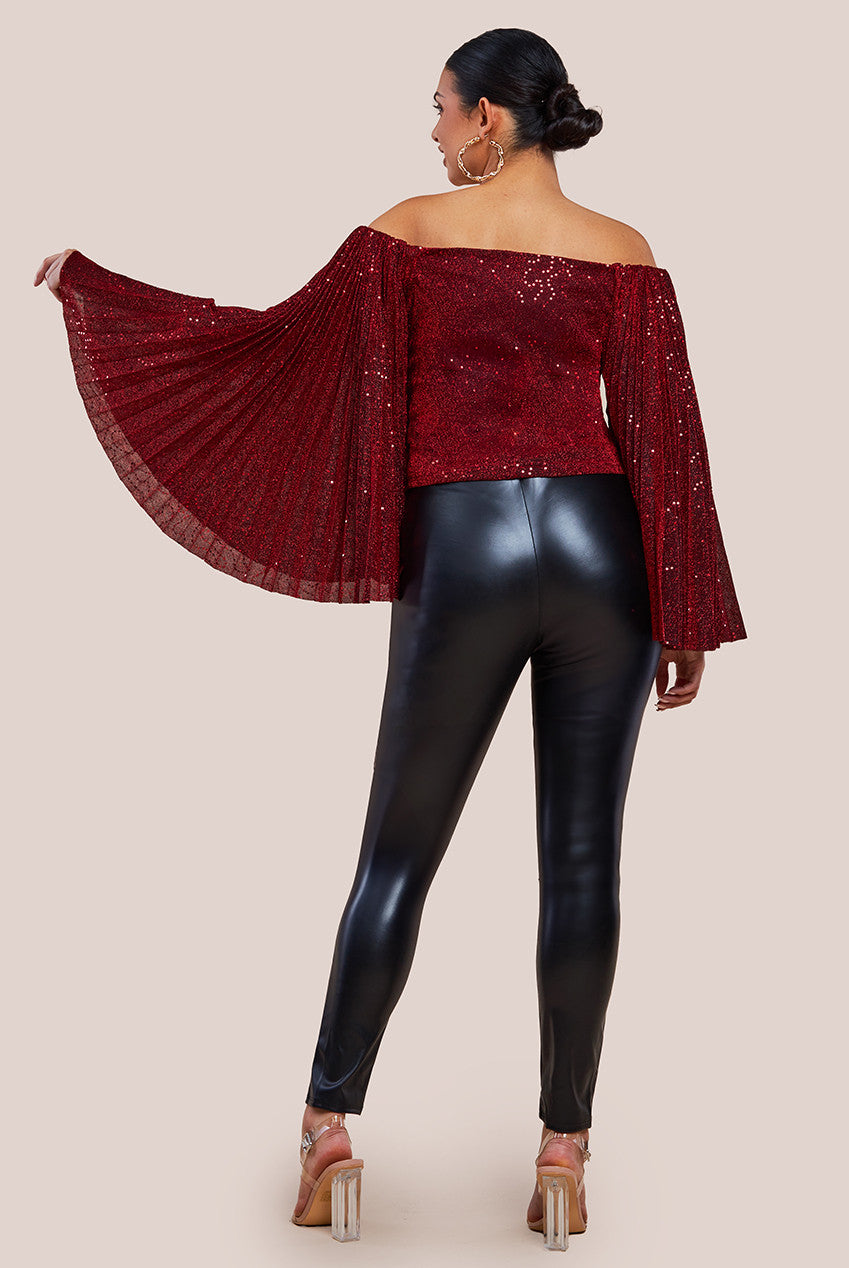 Goddiva Patterned Sequin Lurex Off Shoulder Pleated Flare Sleeve Top