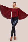 Goddiva Patterned Sequin Lurex Off Shoulder Pleated Flare Sleeve Top