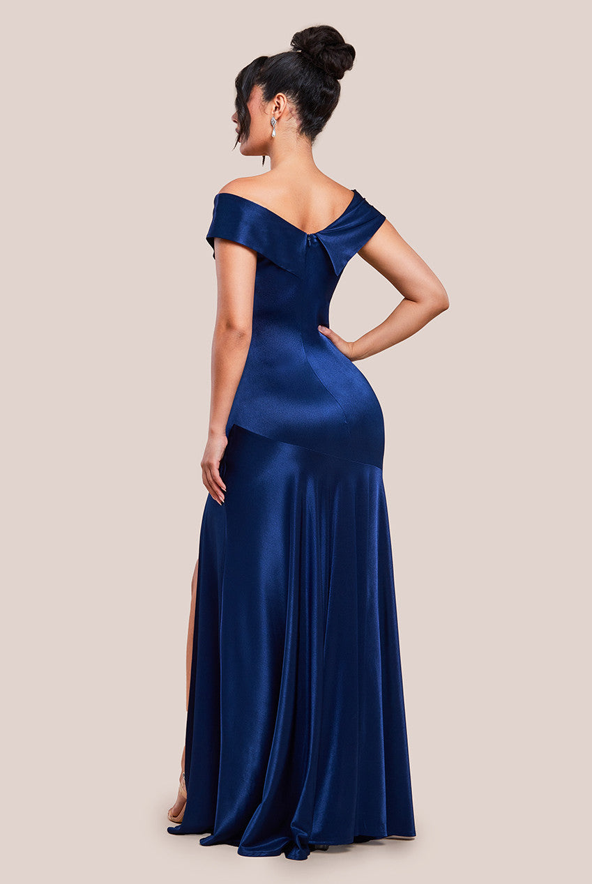 Goddiva Satin Off Shoulder Pleated Maxi Dress