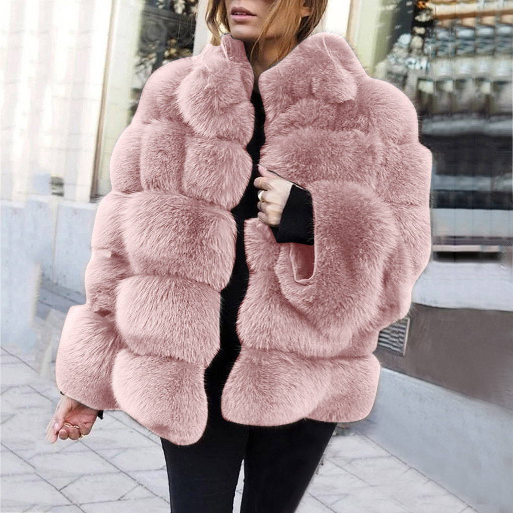 Women's Faux Fur Boxy Stitching Jacket