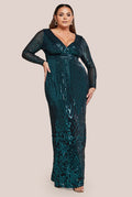 Goddiva Long Sleeve Sequin V Wrap Maxi Dress