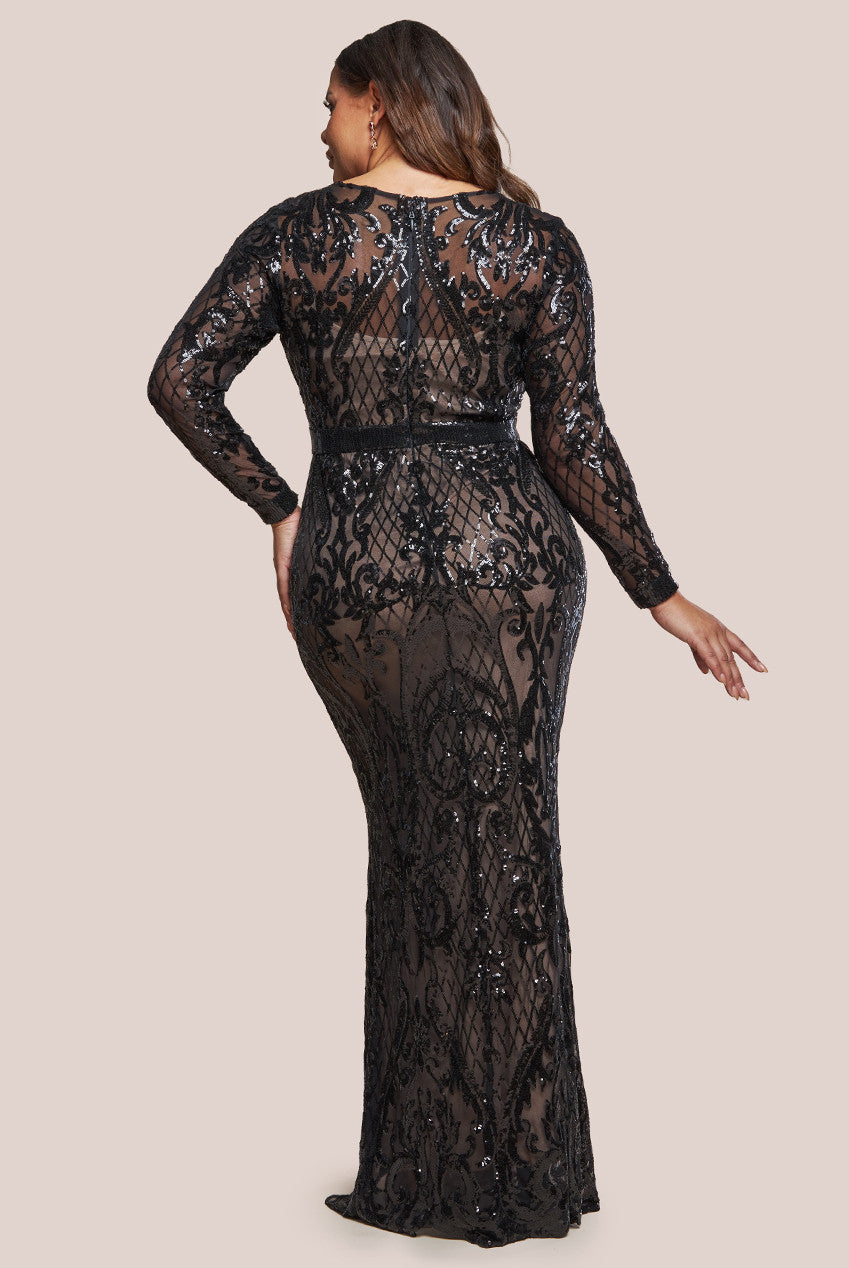 Goddiva Plus Sequin Square Neck Maxi With Scallop Hem