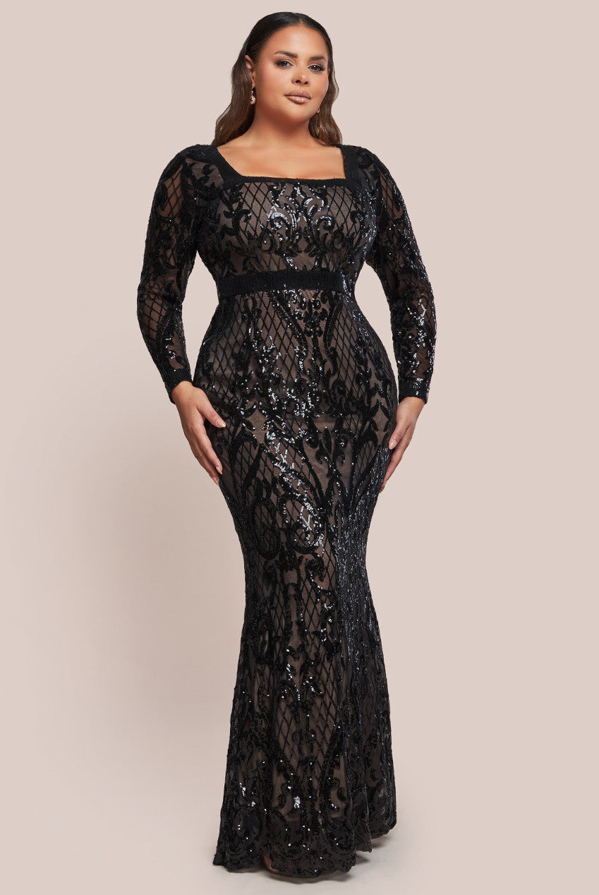 Goddiva Plus Sequin Square Neck Maxi With Scallop Hem