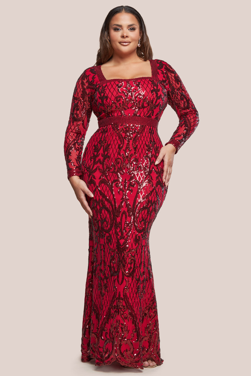 Goddiva Plus Sequin Square Neck Maxi With Scallop Hem