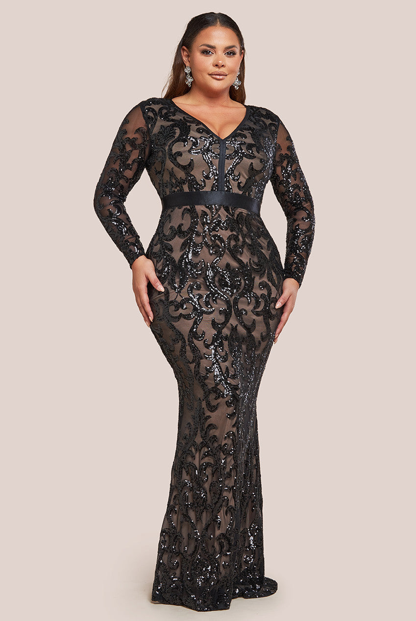 Goddiva Plus Embroidered Sequin & Mesh Maxi Dress