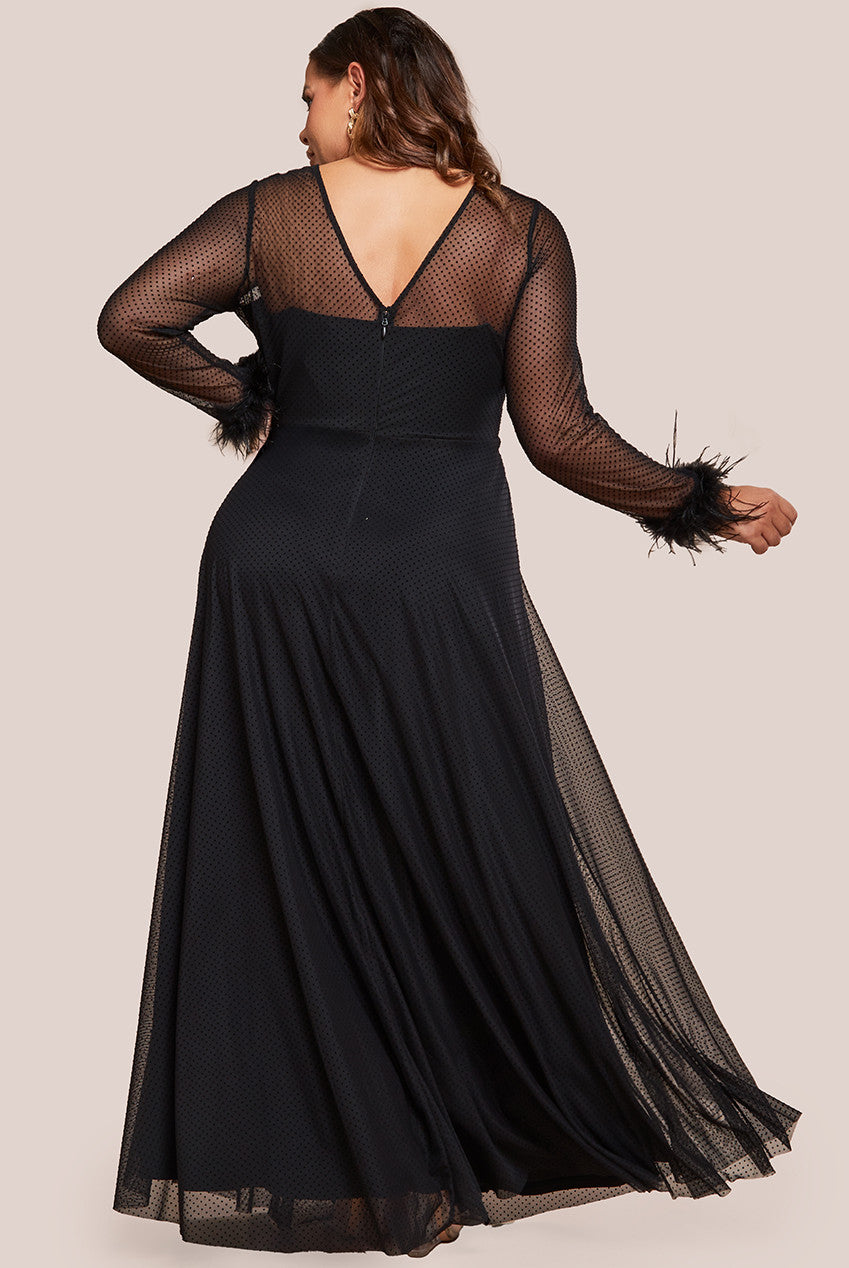 Goddiva Plus Dobby Mesh Feather Sleeve Hem Maxi Dress