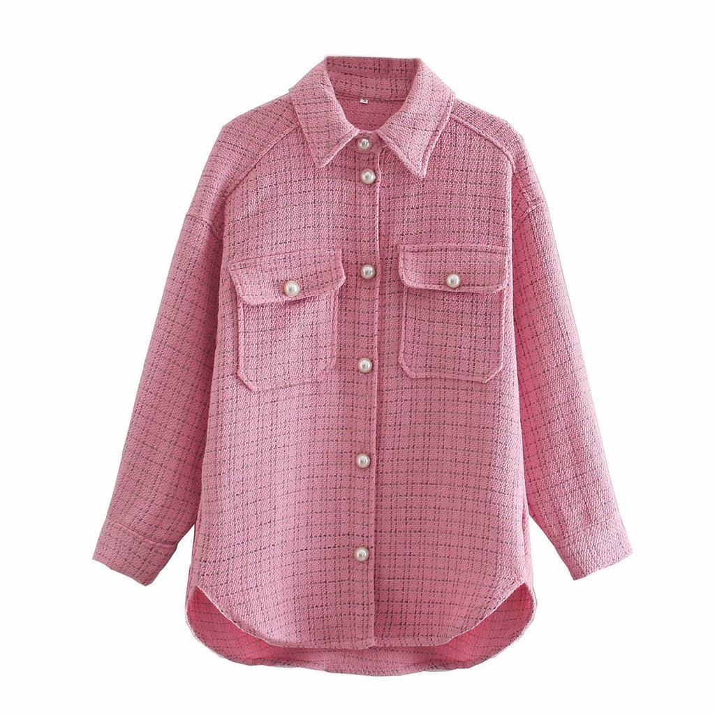 Women Plaid Pearl Buttons Pattern Thick Coat