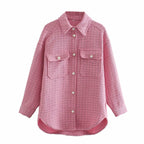 Women Plaid Pearl Buttons Pattern Thick Coat