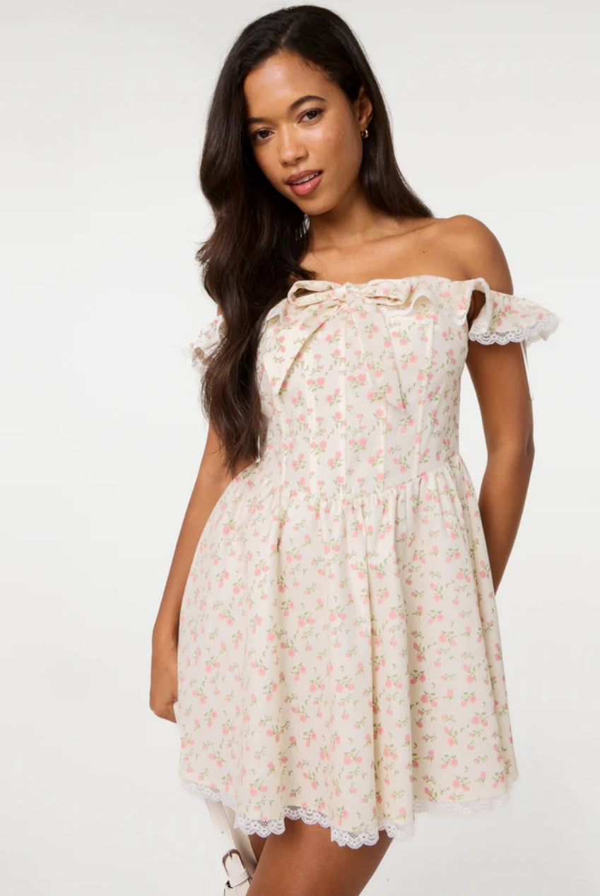 Ditsy Off The Shoulder Mini Dress by Pink Vanilla - SS26047P041