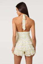 Lemon Printed Lace Halter Neck Mini Dress With Shorts by Pink Vanilla - SS26165P178