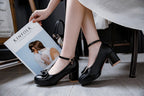 Block Heel Leather Round Toe Buckle High-Heels